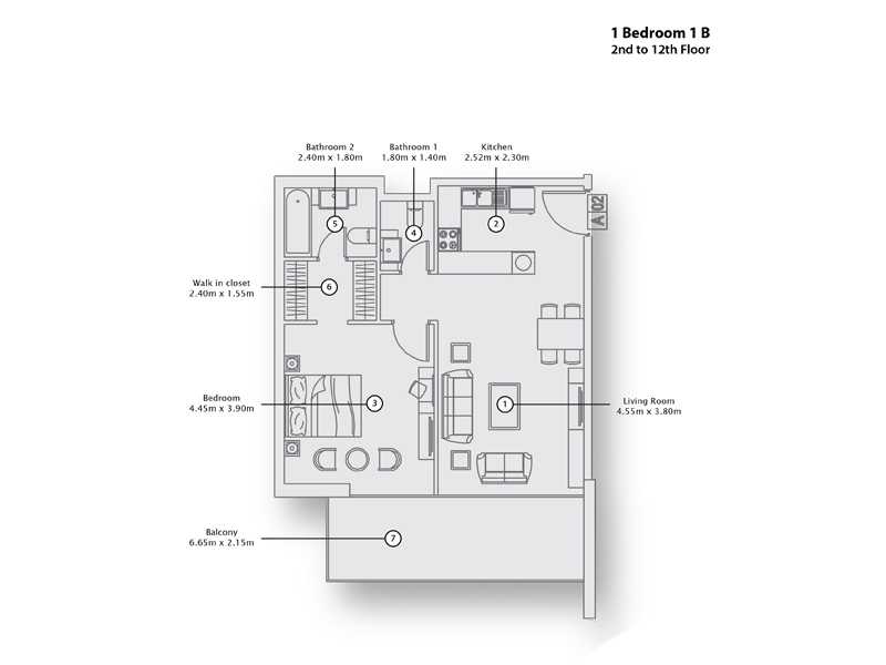 1 Bedroom Apartment 1 B, 2nd to 12 Floor